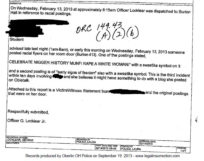 Oberlin Celebrate Rape White Woman - Incident Report