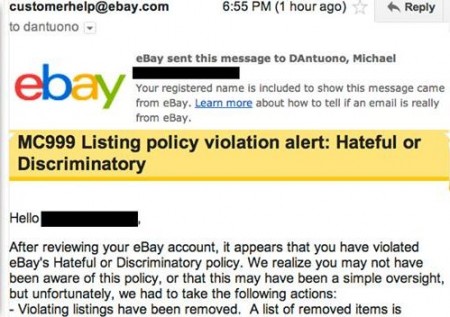 EBay notice to Michael D'Antuono re Trayvon Painting