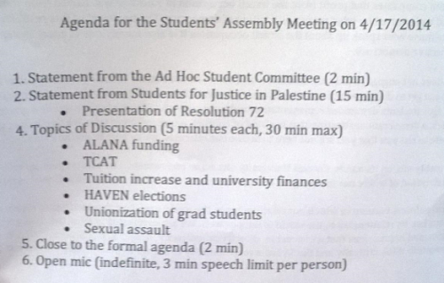 Cornell Alternative Assembly Agenda 4-17-2014