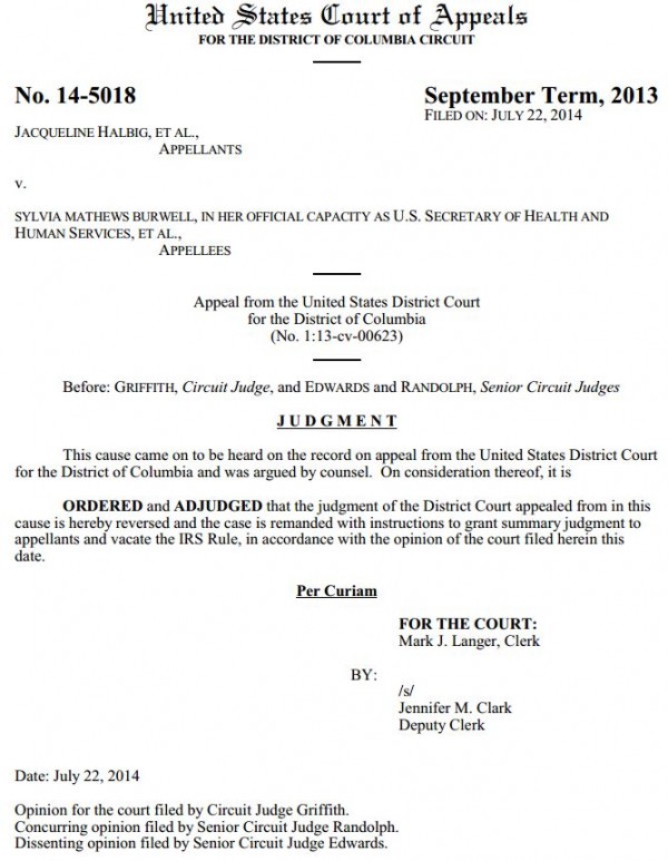 Halbig Obamacare subsidy Judgment D.C. Circuit