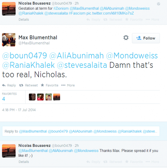 Twitter - @maxblumenthal - reaction giving birth hitler Zionism