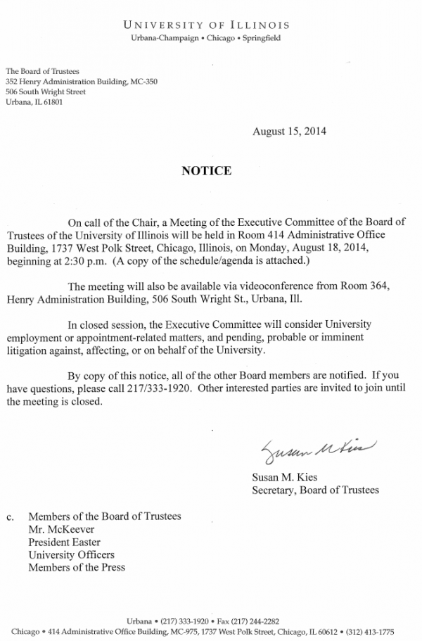 Notice University Illinois Executive Committee meeting August 18 2014