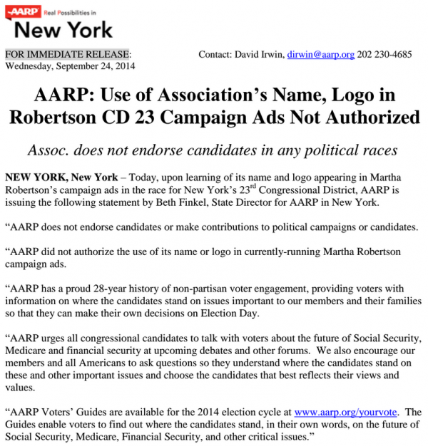 AARP Press Release Martha Robertson Ad