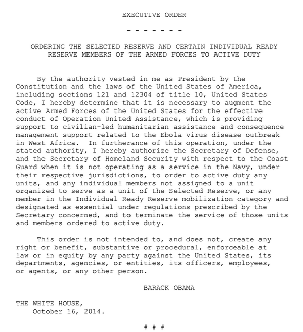 Obama Ebola Executive Order October 16 2014