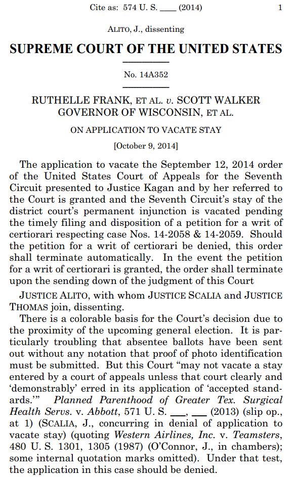 Wisconsin Voter ID Supreme Court Order Staying