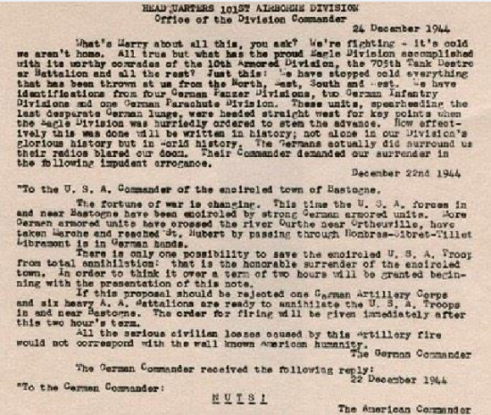 Battle of the Bulge Christmas Message 1944 Gen McAuliffe