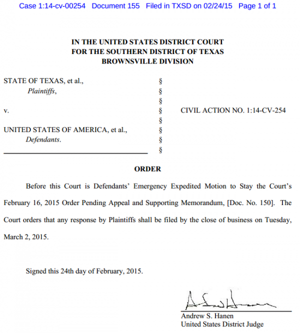 Texas v. U.S. - Immigration Case - Order 2-24-2014 Re Emergency Stay Deadline