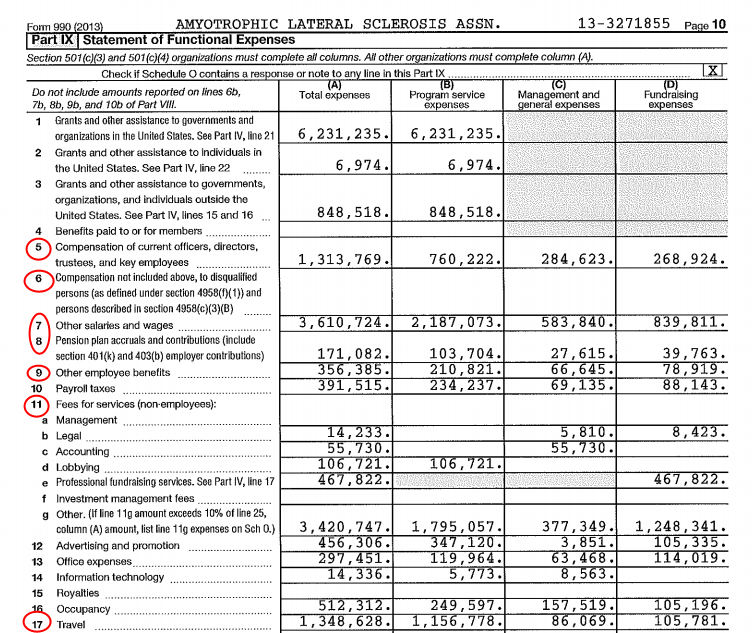 An excerpt from the ALS Association's 2013 tax returns.