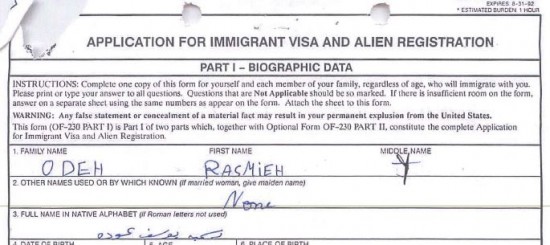 Rasmieh Odeh Case - Visa Application - Trial Exh 2A - Name