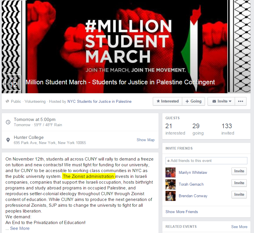 SJP Zionist Tuition Millions Student March page