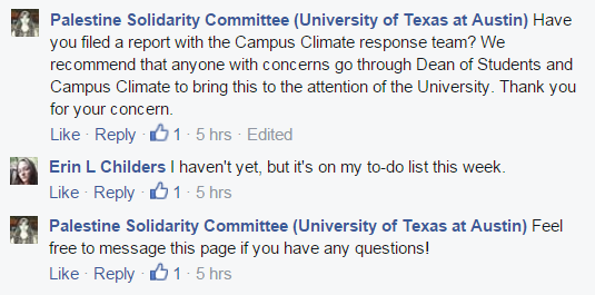 UT Austin Speech Palestine Solidarity Committee Facebook encouraging complaints