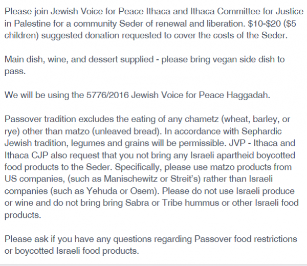 Ithaca JVP, Facebook Passover seder boycott products