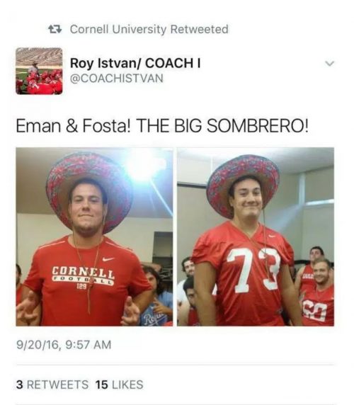 Cornell Coach Sombrero Tweet