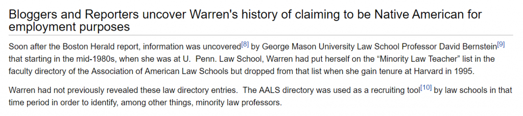 http://elizabethwarrenwiki.org/elizabeth-warren-native-american-cherokee-controversy/#bloggers-and-reporters-uncover-warrens-history-of-claiming-to-be-native-american-for-employment-purposes