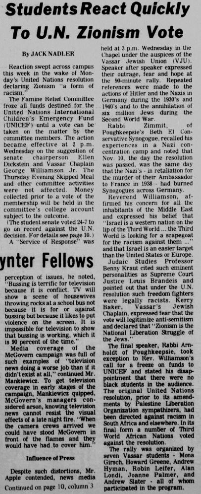 Vassar Miscellany News Nov 14 1975 Students React Quickly to UN