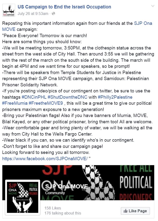 DNC 2016 End the Occupation FB Post SJP Ona MOVE
