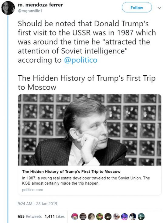 Should be noted that Donald Trump's first visit to the USSR was in 1987 which was around the time he "attracted the attention of Soviet intelligence" according to @politico